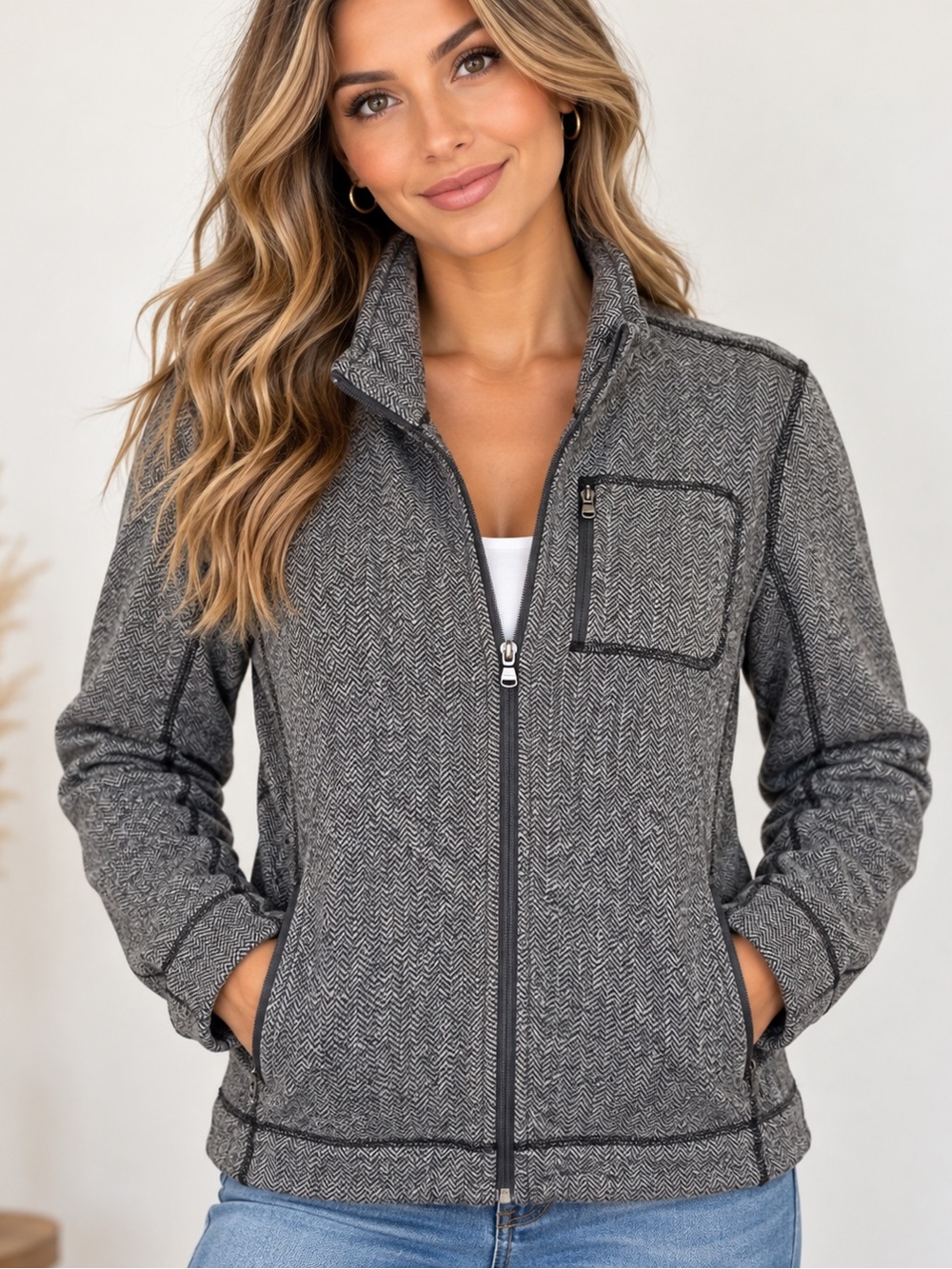 Marc NY Classic Grey Herringbone Full Zip-Up Jacket Gray size M outdoor cozy